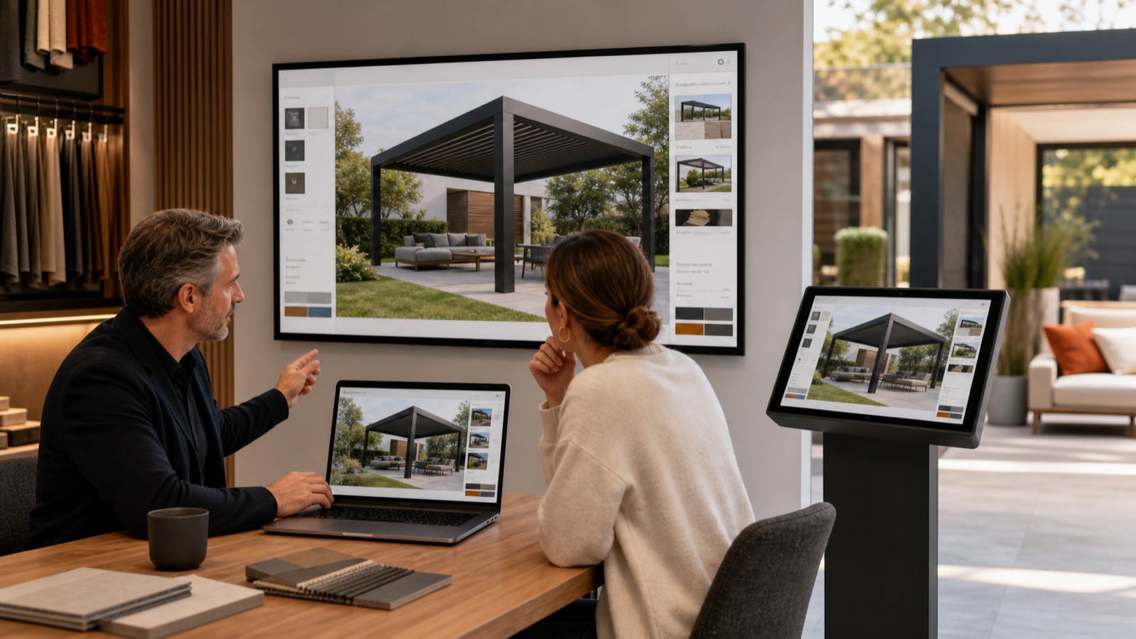 3D pergola configurator displayed on showroom, website and consultation touchpoints