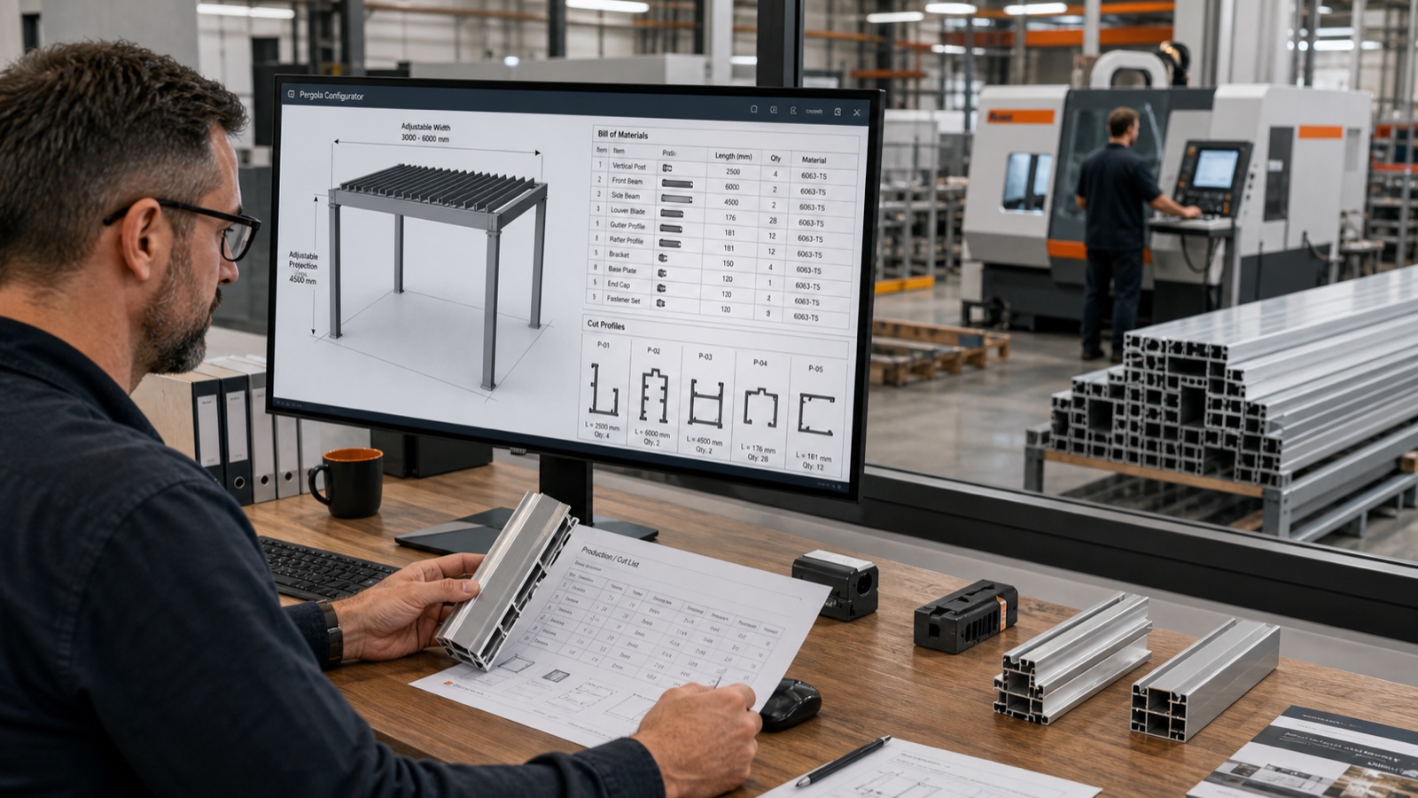 Parametric pergola model producing a bill of materials and aluminum cut list for factory production