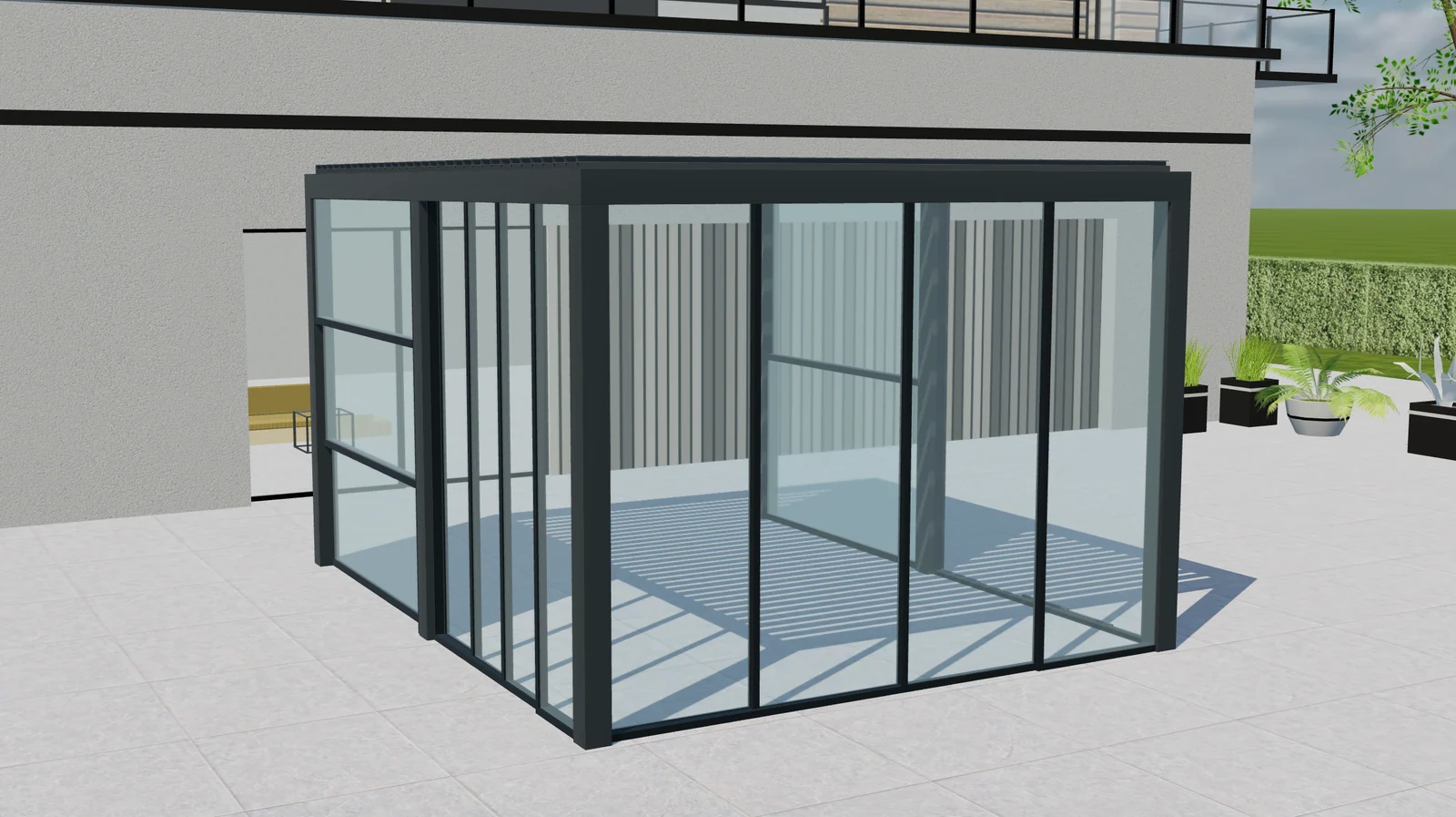 3D preview of a dark-framed pergola with an open louvered roof and glass panels shown in different positions.