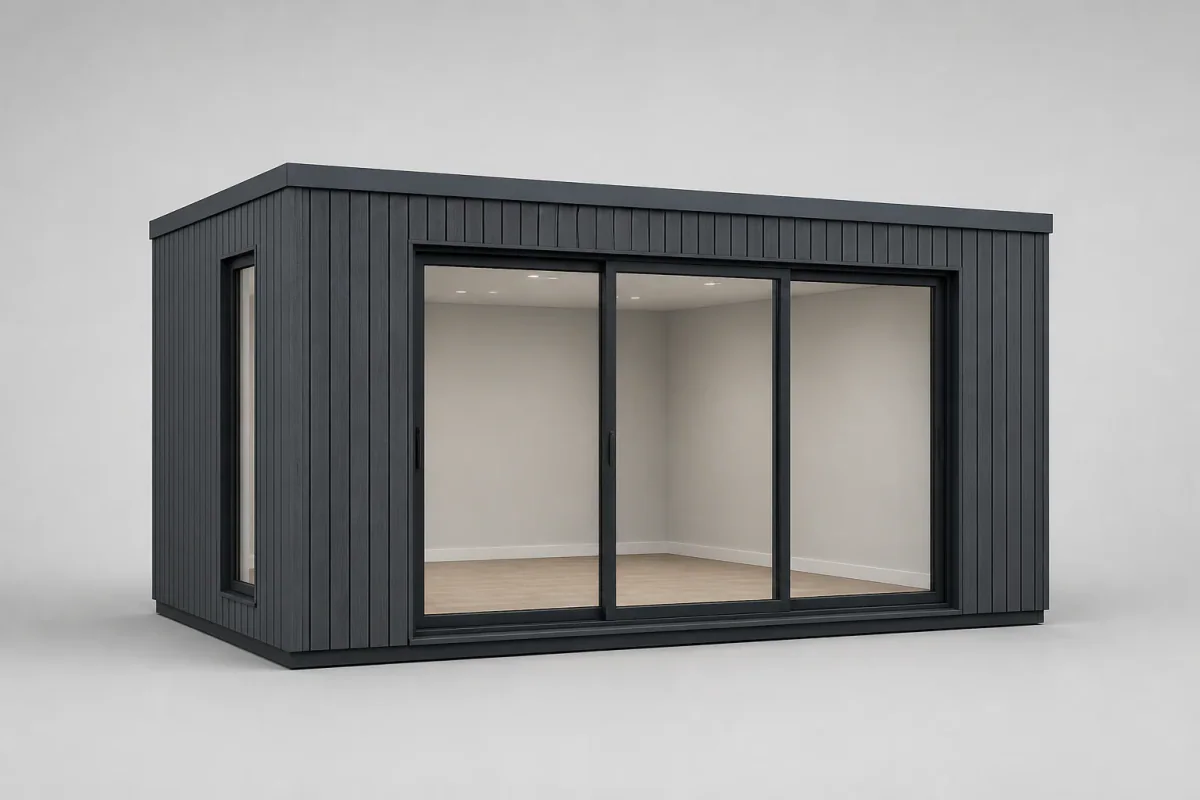 Anthracite garden room with sliding glass doors and vertical cladding, front view