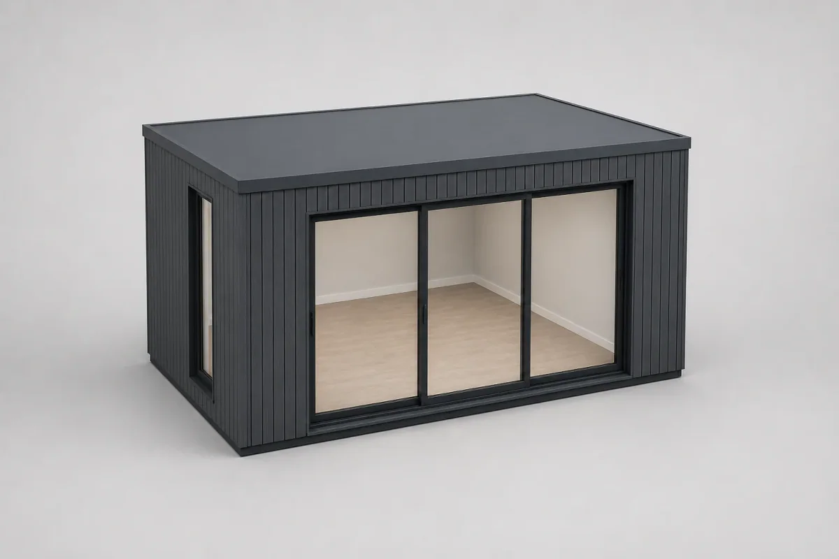Elevated view of an anthracite garden room showing the roof and glazed openings