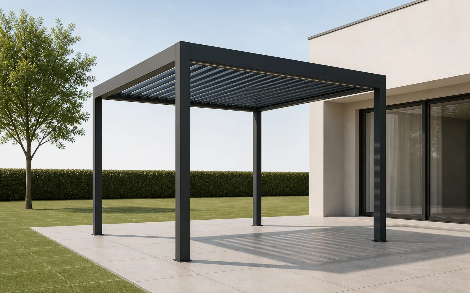 Anthracite louvered pergola beside a modeled house in a professional 3D configurator viewport