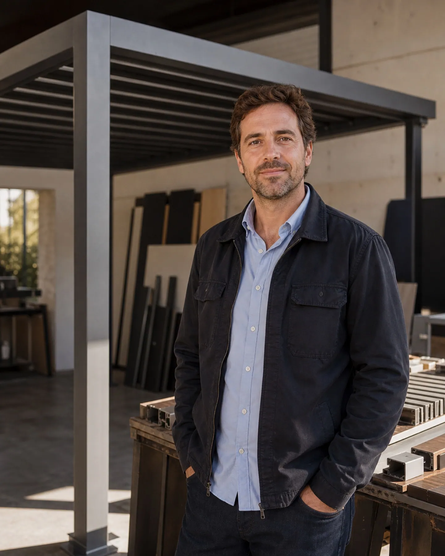 Illustrative founder profile in a canopy fabrication studio